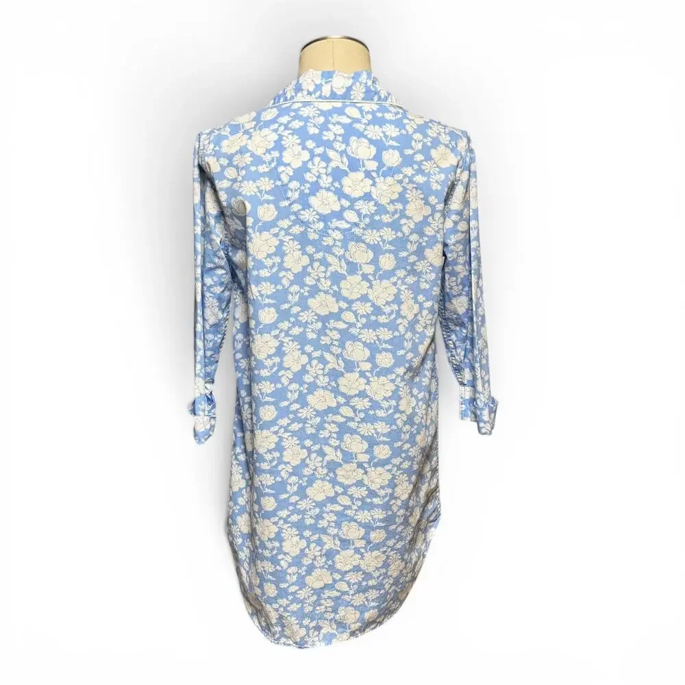 Lauren Ralph Lauren Cotton Button Up Night Shirt Sleep Blue White Floral Medium
